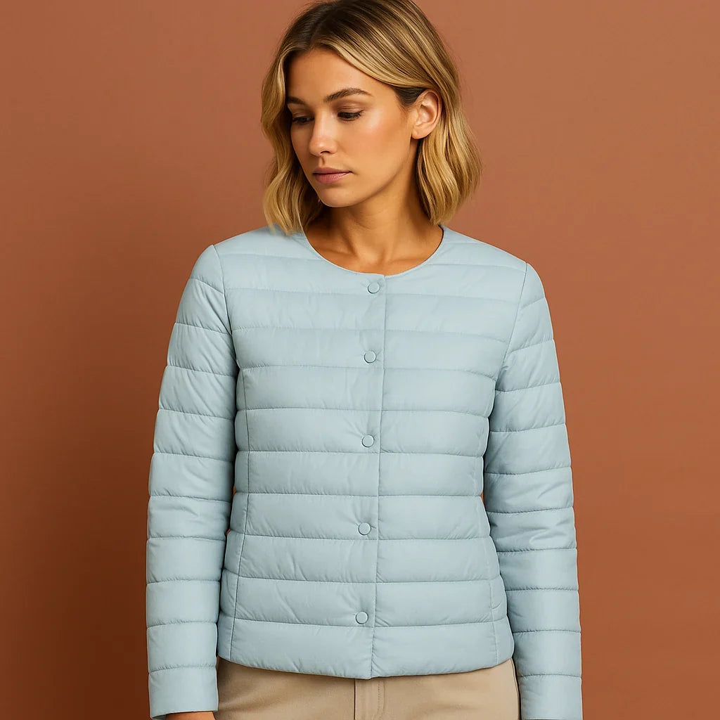 Winter Lightweight Puffer Jacket Women Button Front Round Neck