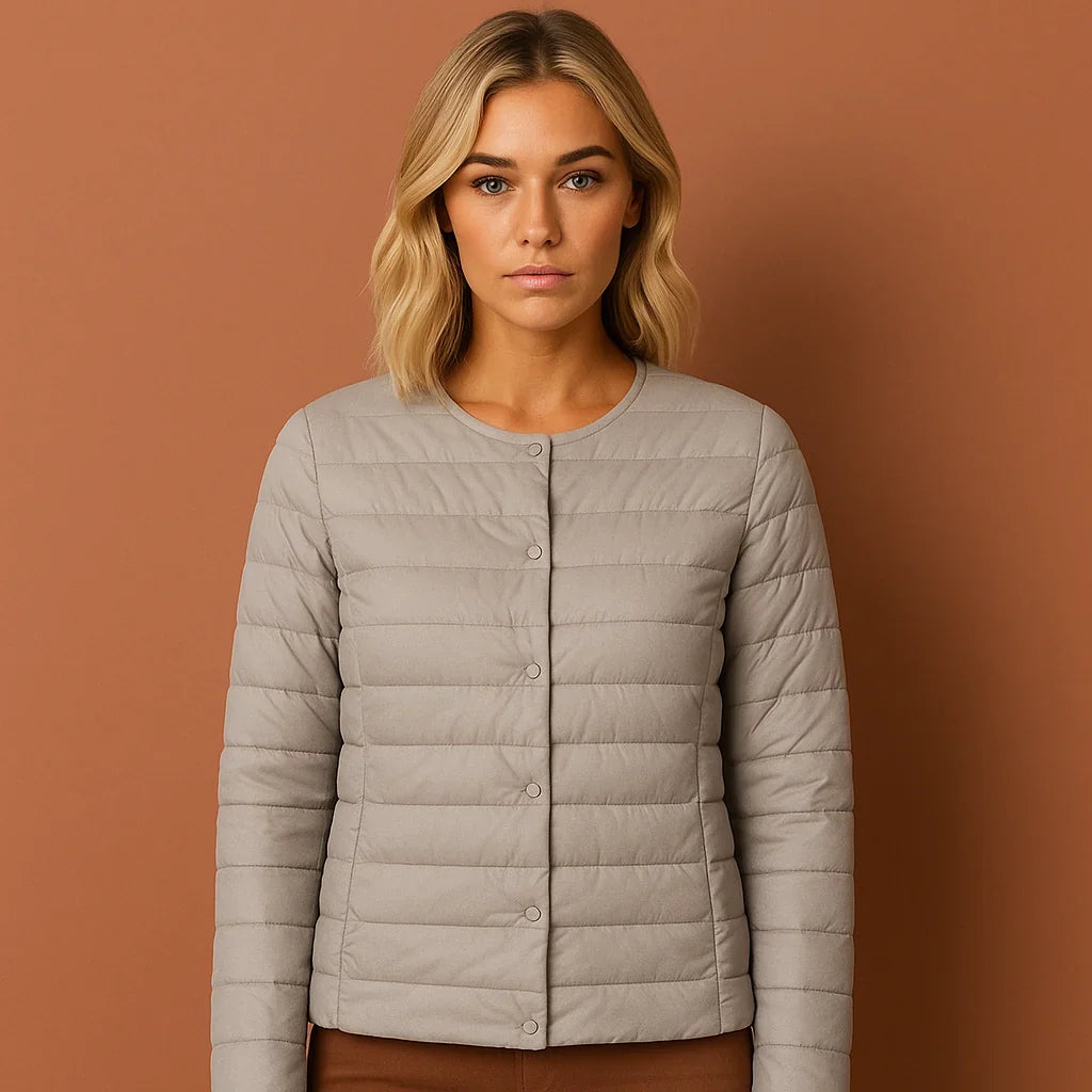 Winter Lightweight Puffer Jacket Women Button Front Round Neck