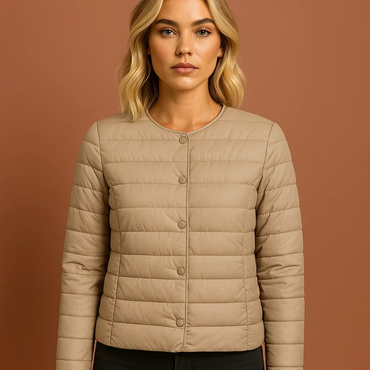 Winter Lightweight Puffer Jacket Women Button Front Round Neck