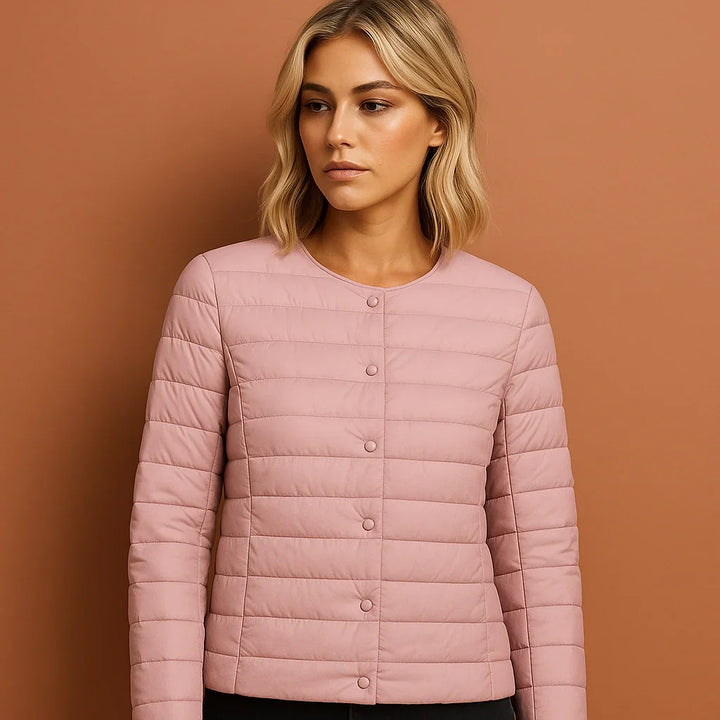 Winter Lightweight Puffer Jacket Women Button Front Round Neck