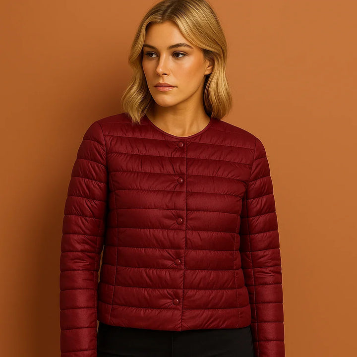 Winter Lightweight Puffer Jacket Women Button Front Round Neck