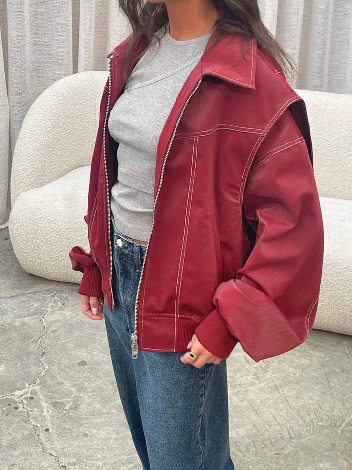 Winter Oversized Bomber Jacket Women Red Zip Up Padded