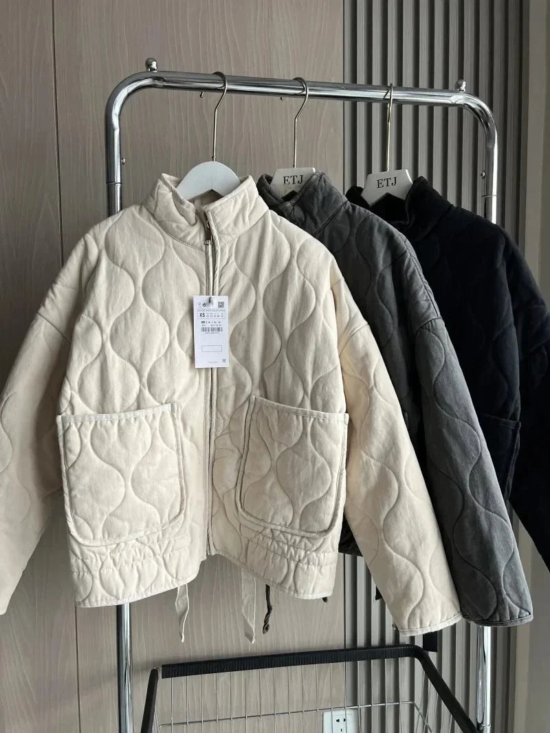 Winter Quilted Cotton Jacket Women Vintage Stand Collar