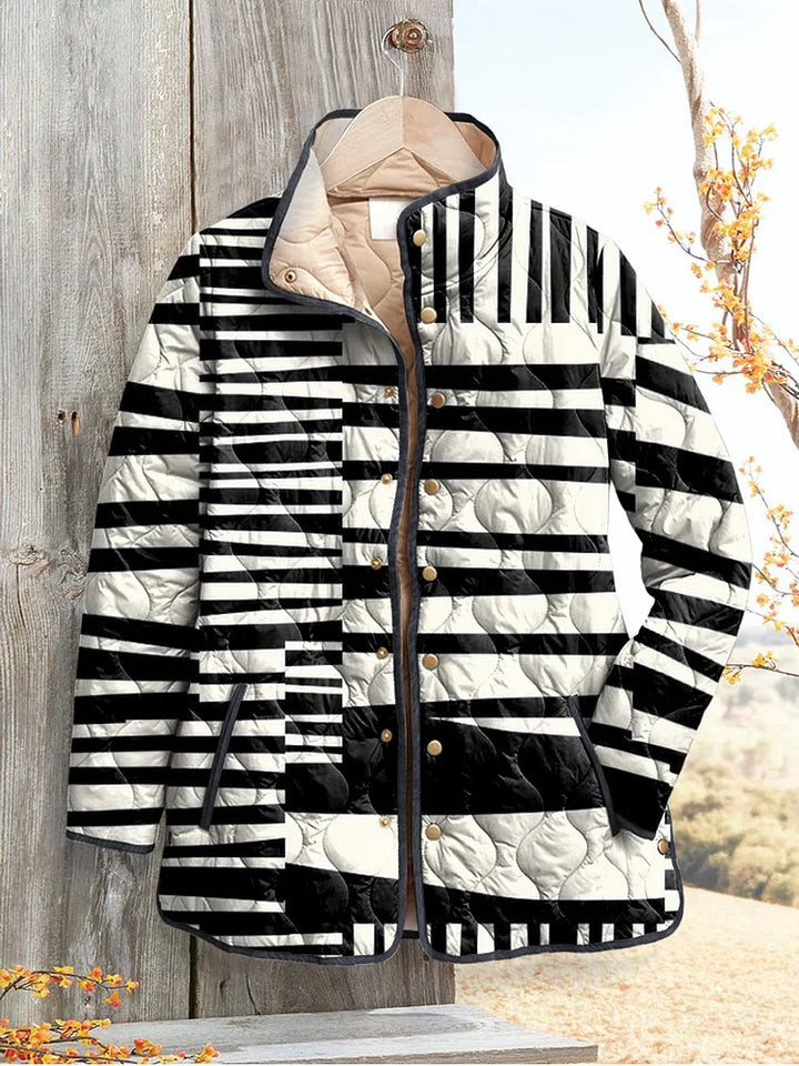 Winter Striped Puffer Jacket Women Quilted Stand Collar Coat