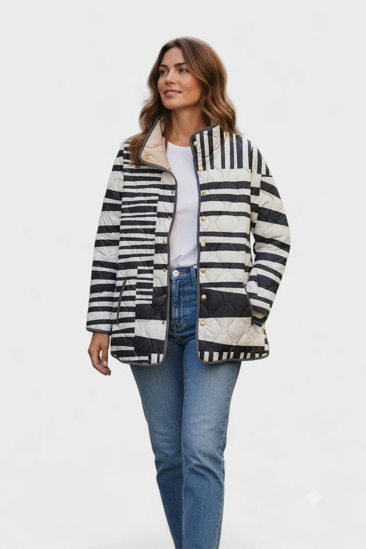 Winter Striped Puffer Jacket Women Quilted Stand Collar Coat