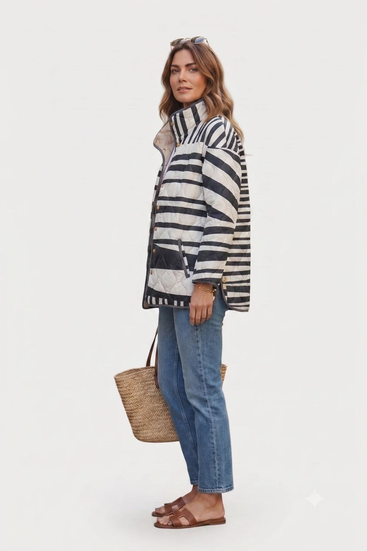 Winter Striped Puffer Jacket Women Quilted Stand Collar Coat