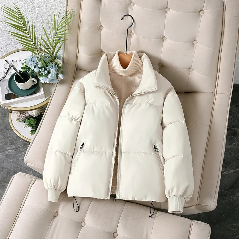Winter Padded Puffer Jacket Women Stand Collar Zip Up Coat