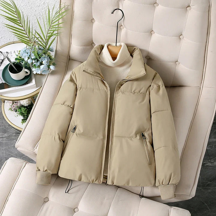 Winter Padded Puffer Jacket Women Stand Collar Zip Up Coat