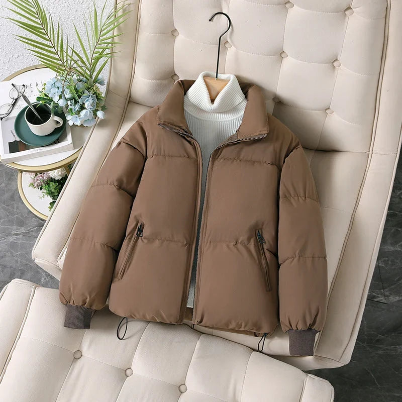 Winter Padded Puffer Jacket Women Stand Collar Zip Up Coat