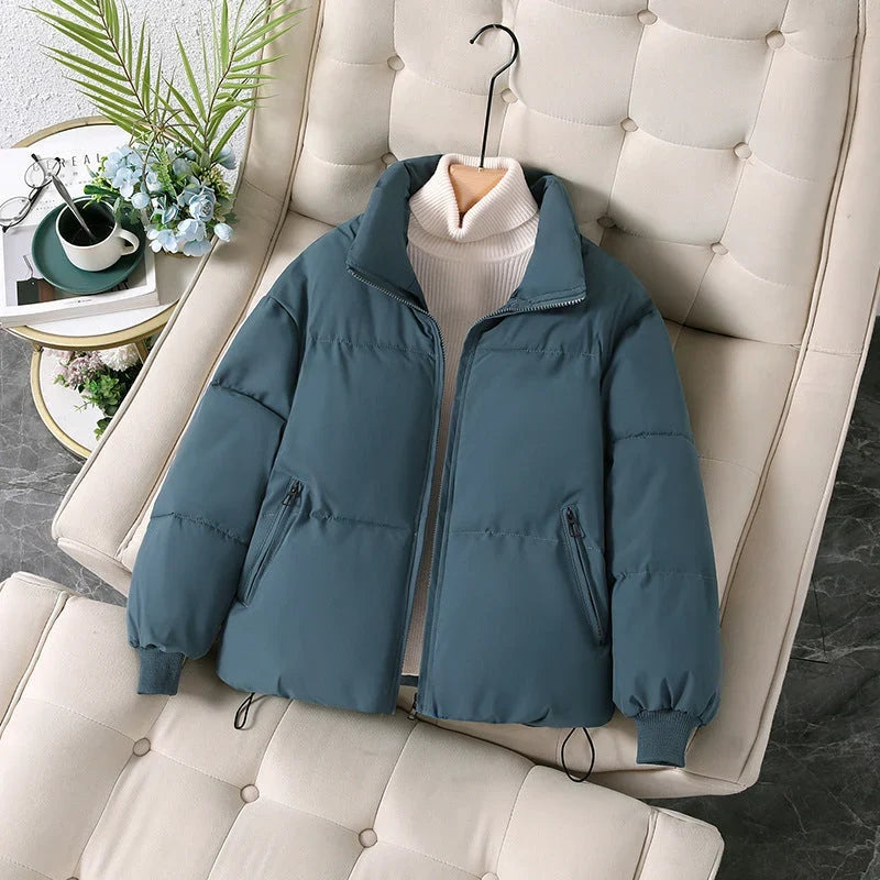 Winter Padded Puffer Jacket Women Stand Collar Zip Up Coat