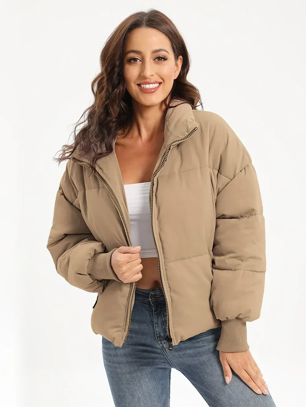 Winter Turtleneck Puffer Jacket Women Zip Up Quilted Coat