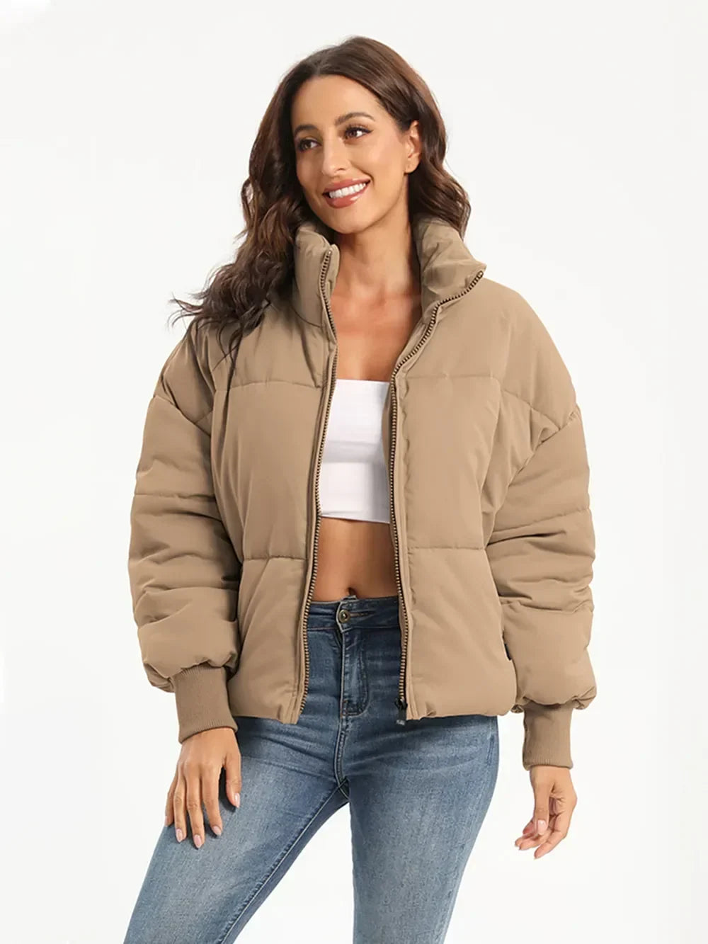 Winter Turtleneck Puffer Jacket Women Zip Up Quilted Coat