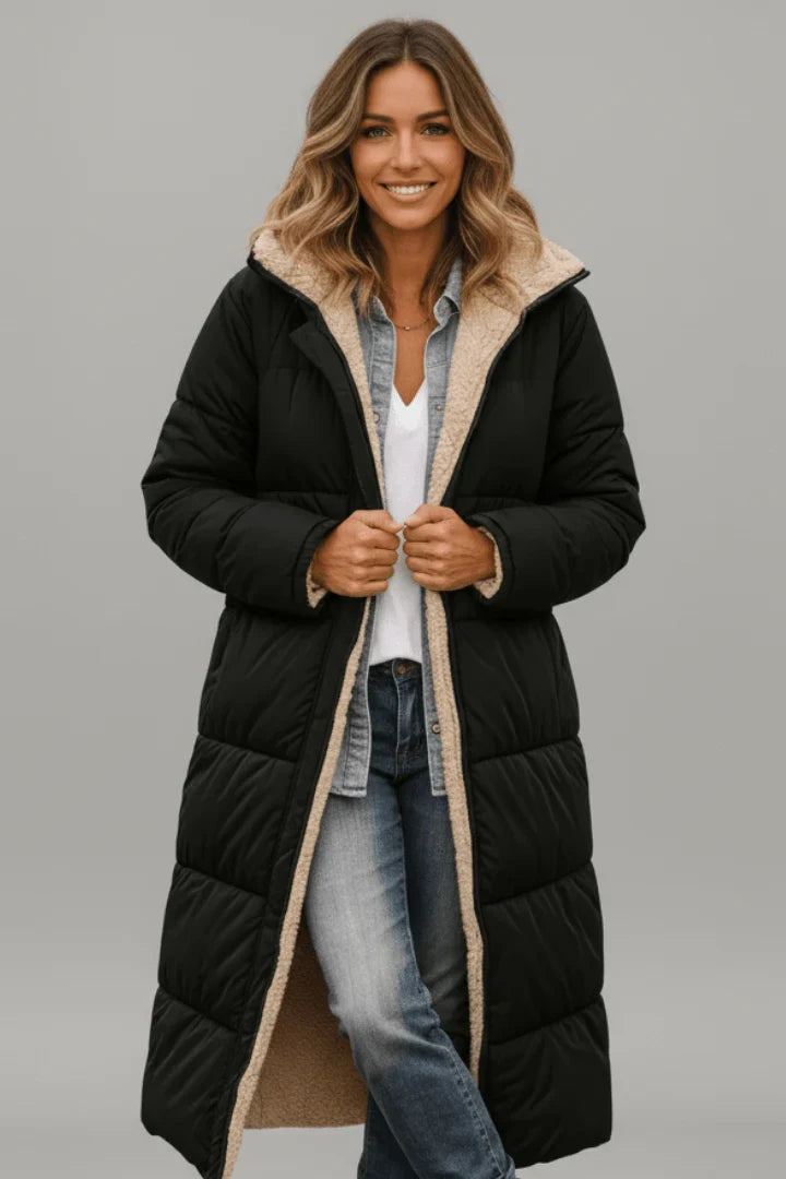 Winter Longline Quilted Coat Women Hooded Sherpa Lined
