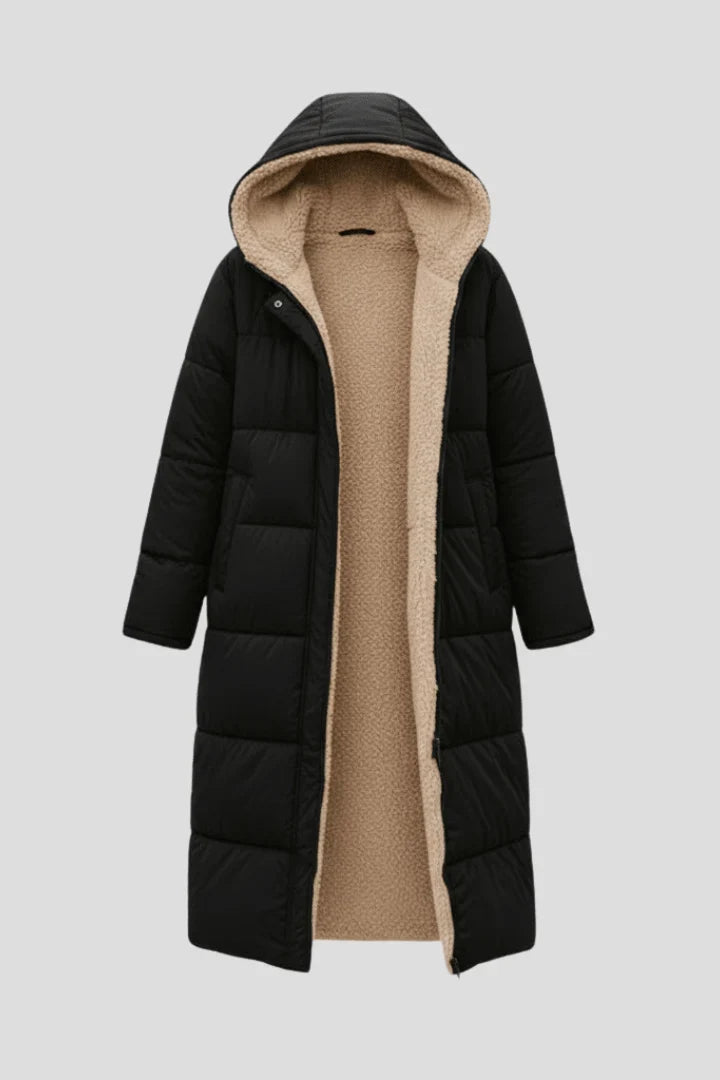 Winter Longline Quilted Coat Women Hooded Sherpa Lined