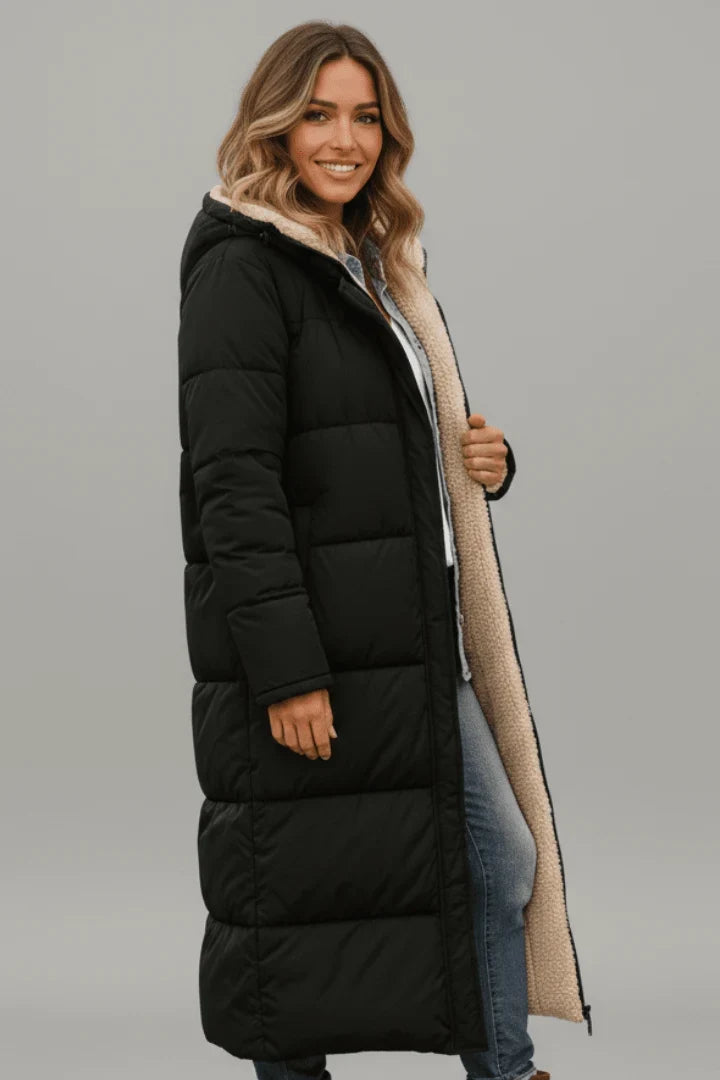 Winter Longline Quilted Coat Women Hooded Sherpa Lined