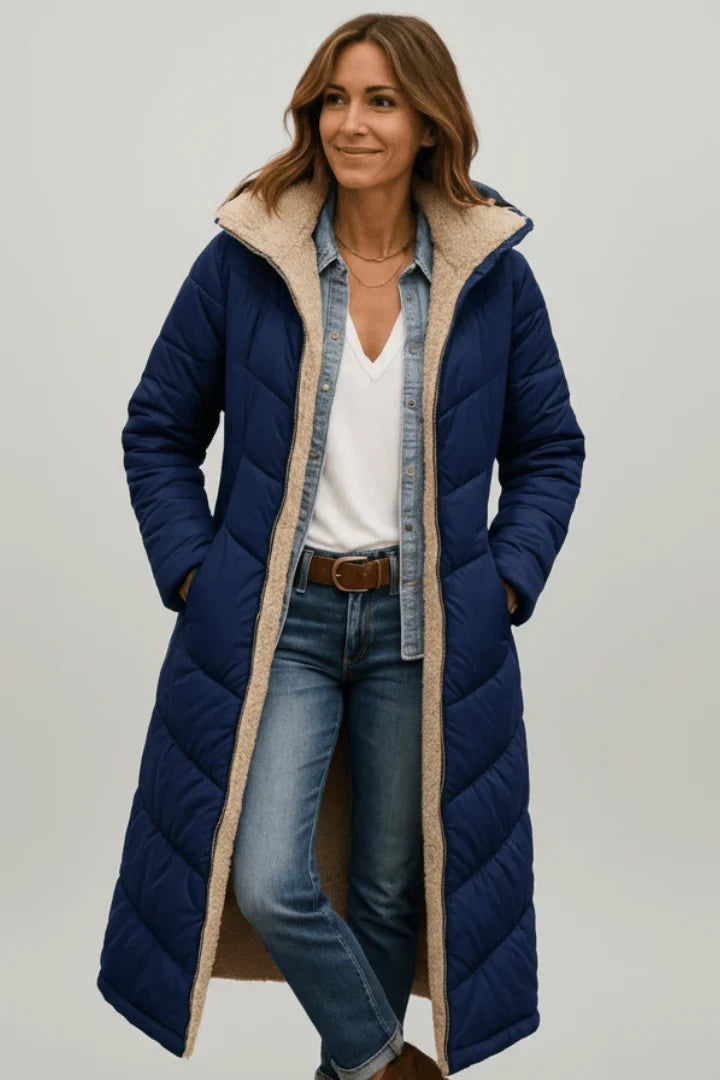 Winter Longline Quilted Coat Women Hooded Sherpa Lined