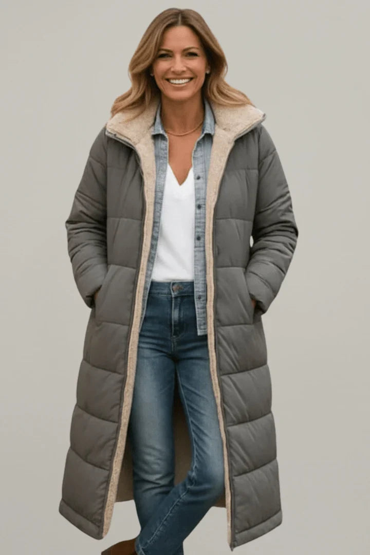 Winter Longline Quilted Coat Women Hooded Sherpa Lined