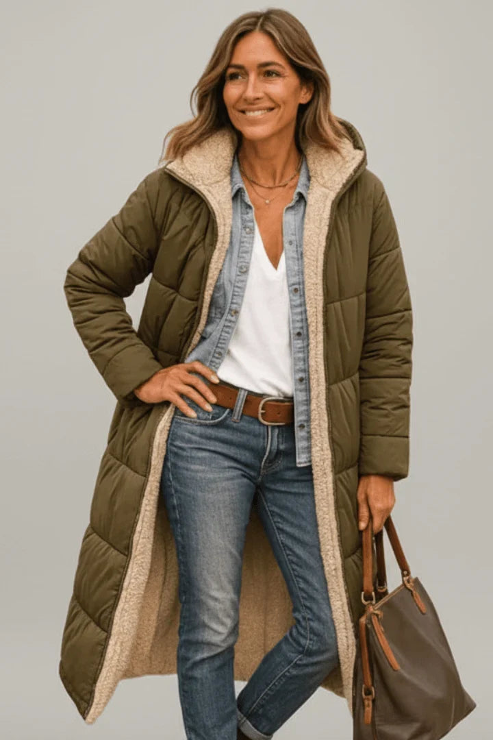 Winter Longline Quilted Coat Women Hooded Sherpa Lined