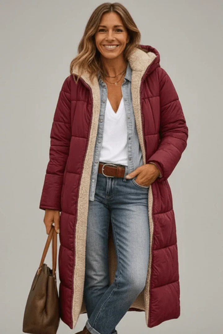 Winter Longline Quilted Coat Women Hooded Sherpa Lined