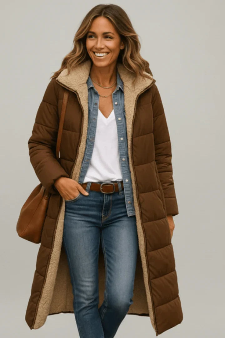 Winter Longline Quilted Coat Women Hooded Sherpa Lined