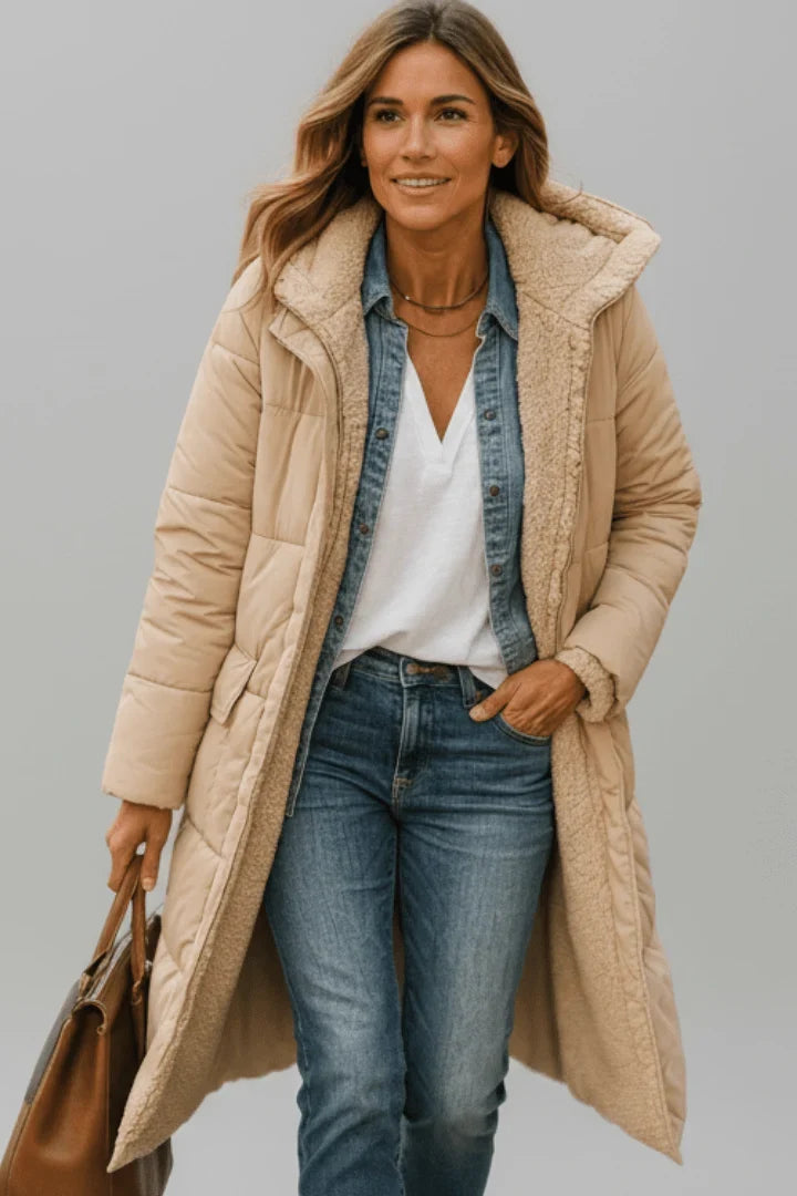 Winter Longline Quilted Coat Women Hooded Sherpa Lined