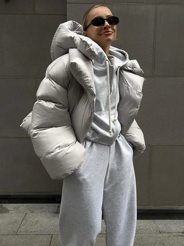 Winter Hooded Puffer Jacket Women Cropped Quilted Button Front