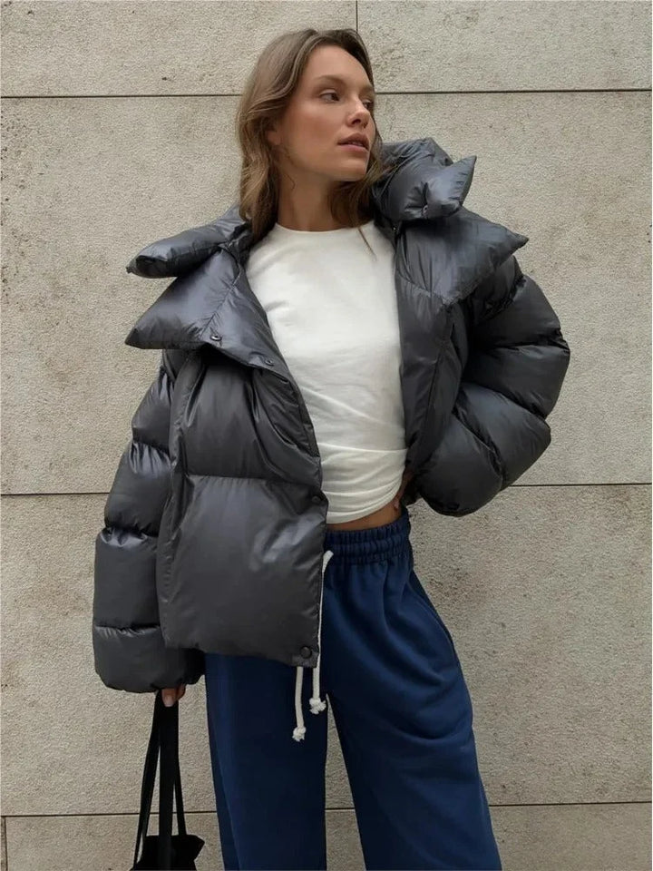 Winter Hooded Puffer Jacket Women Cropped Quilted Button Front