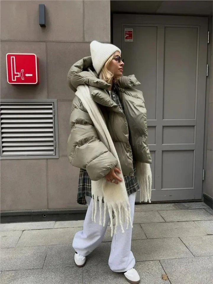 Winter Hooded Puffer Jacket Women Cropped Quilted Button Front