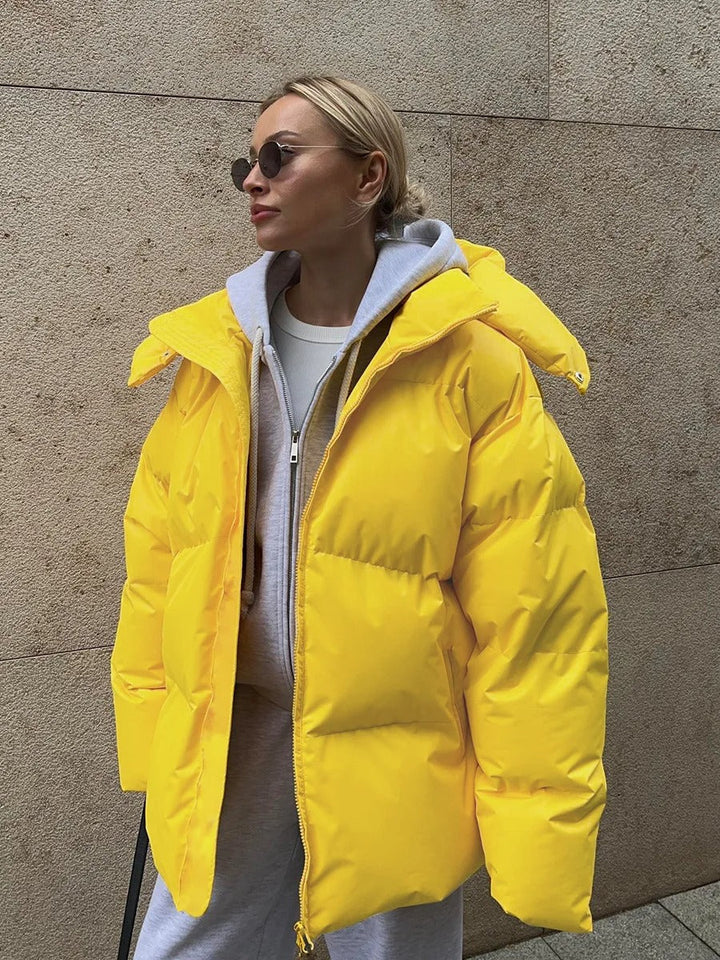Winter Hooded Puffer Jacket Women Cropped Quilted Button Front
