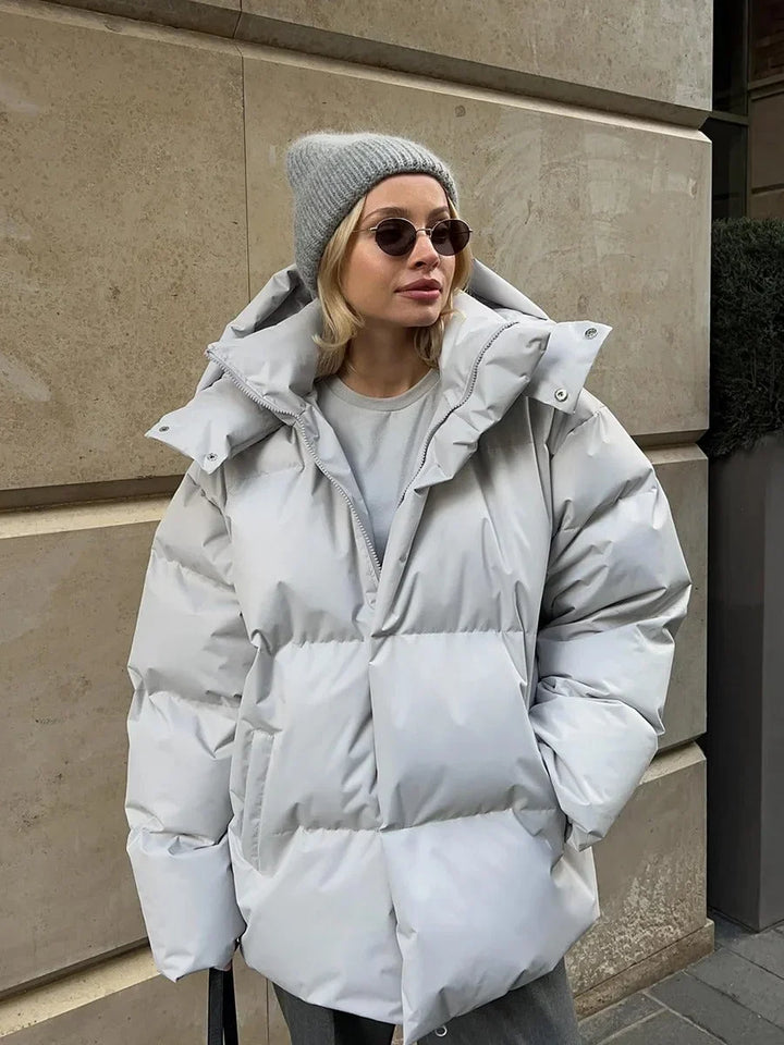 Winter Hooded Puffer Jacket Women Cropped Quilted Button Front