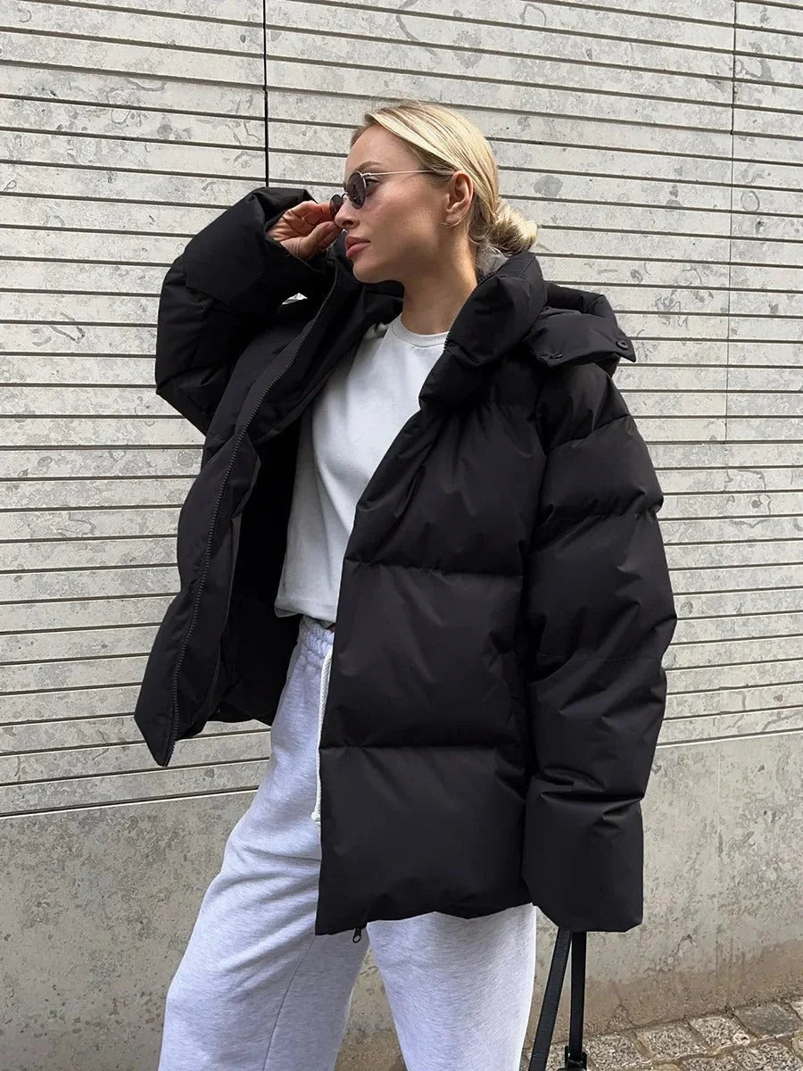 Winter Hooded Puffer Jacket Women Cropped Quilted Button Front