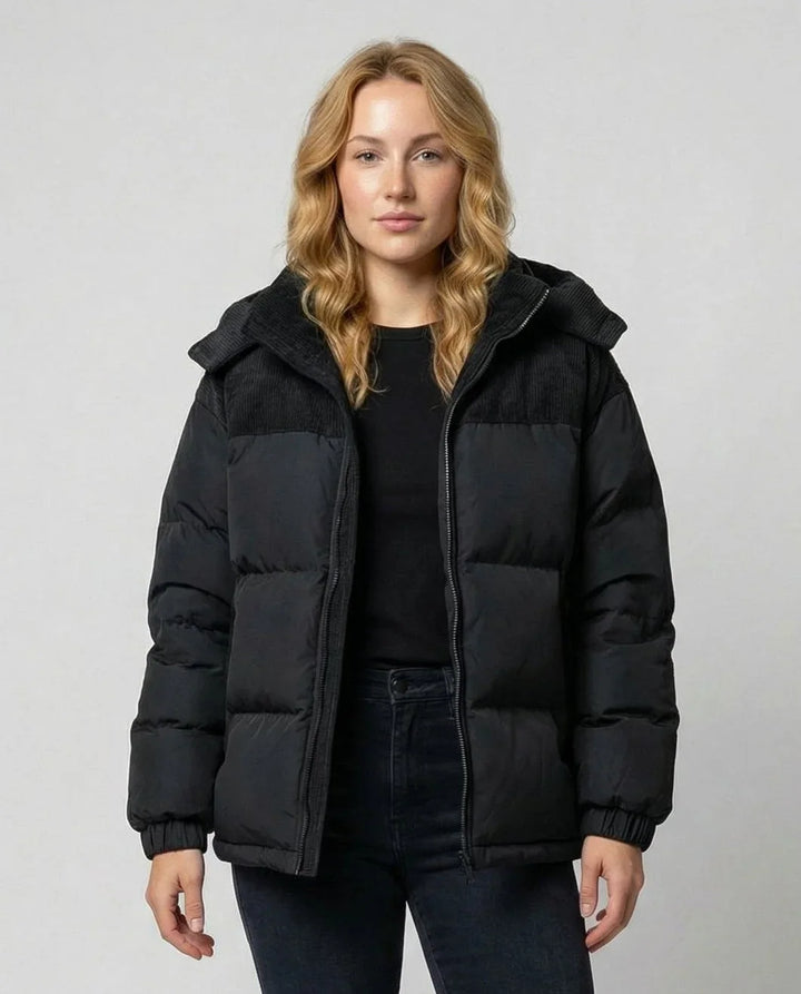 Winter Corduroy Panel Puffer Jacket Women Hooded Quilted Coat