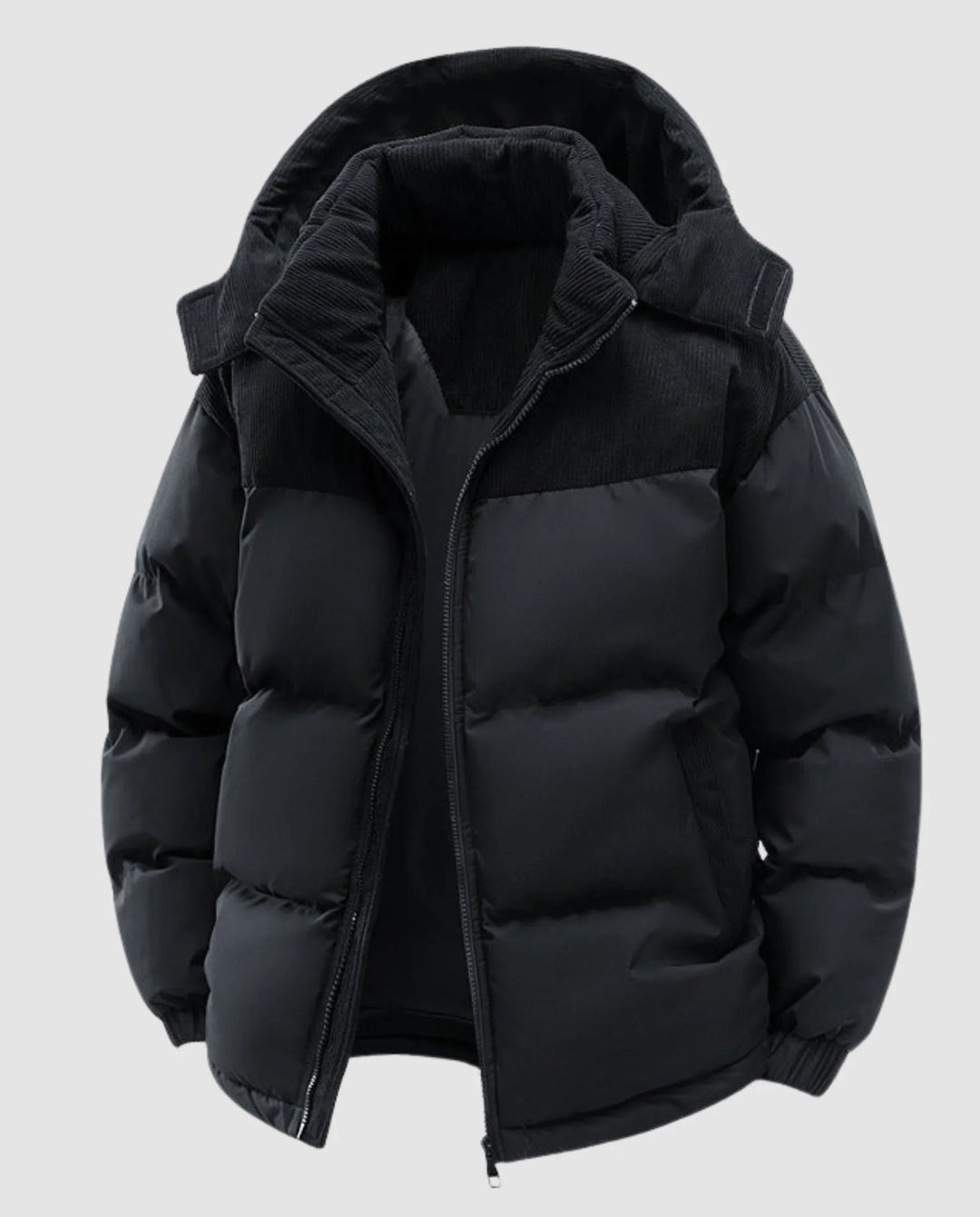 Winter Corduroy Panel Puffer Jacket Women Hooded Quilted Coat