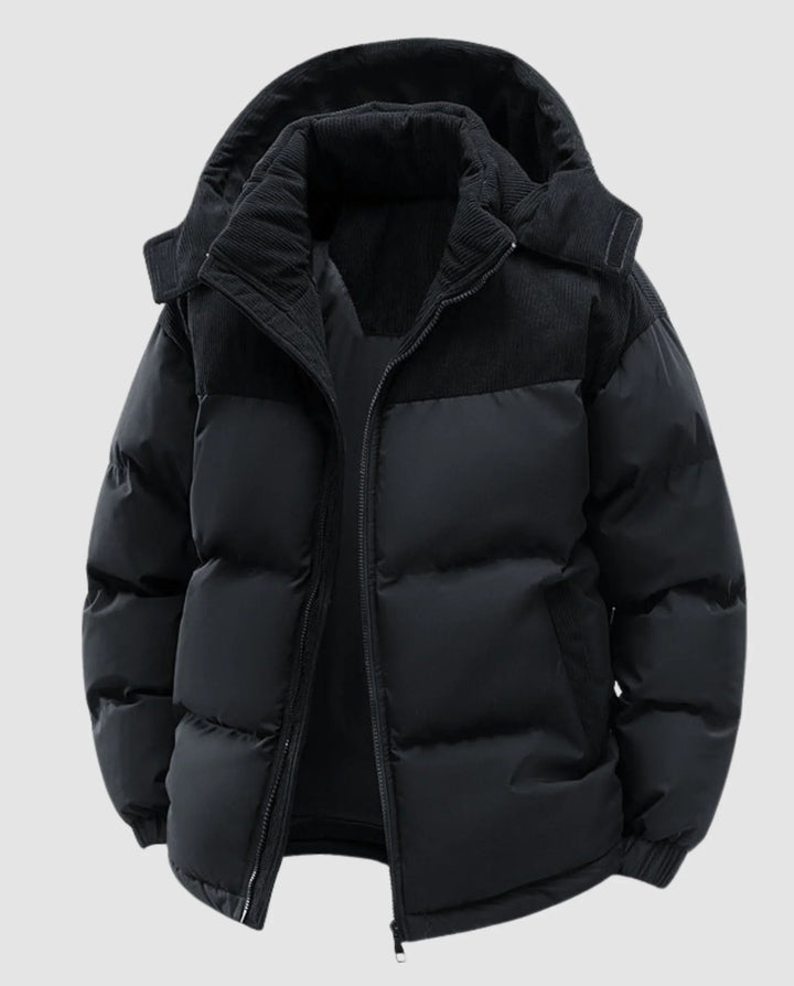 Winter Corduroy Panel Puffer Jacket Women Hooded Quilted Coat