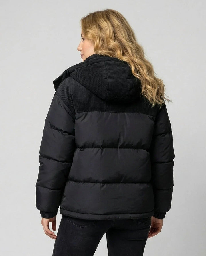 Winter Corduroy Panel Puffer Jacket Women Hooded Quilted Coat