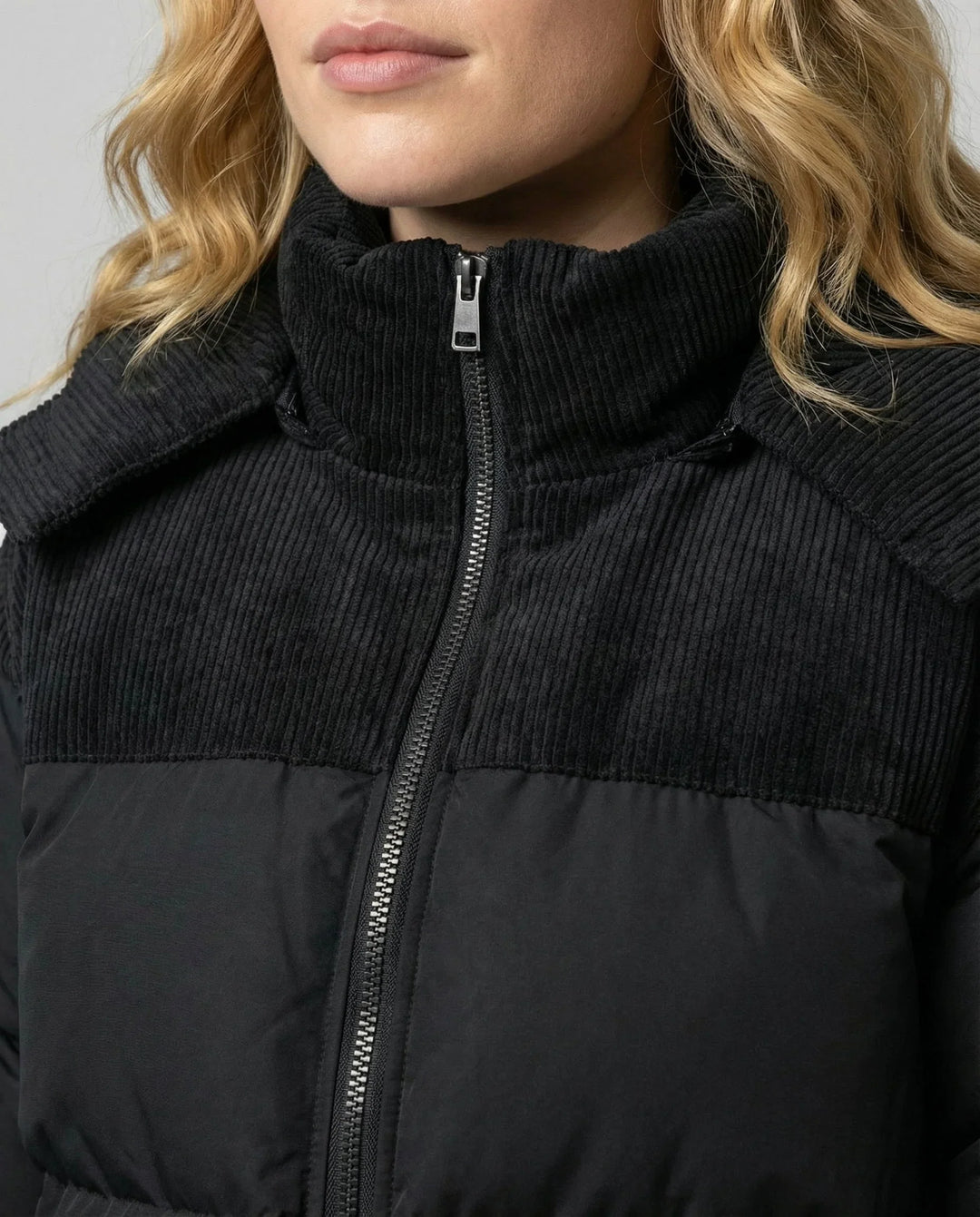 Winter Corduroy Panel Puffer Jacket Women Hooded Quilted Coat