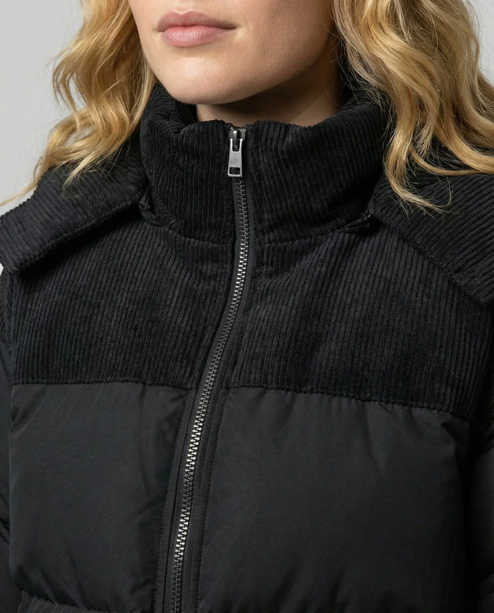 Winter Corduroy Panel Puffer Jacket Women Hooded Quilted Coat