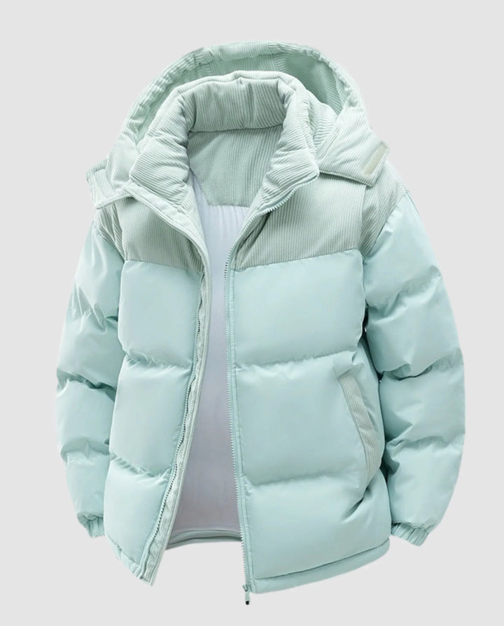 Winter Corduroy Panel Puffer Jacket Women Hooded Quilted Coat