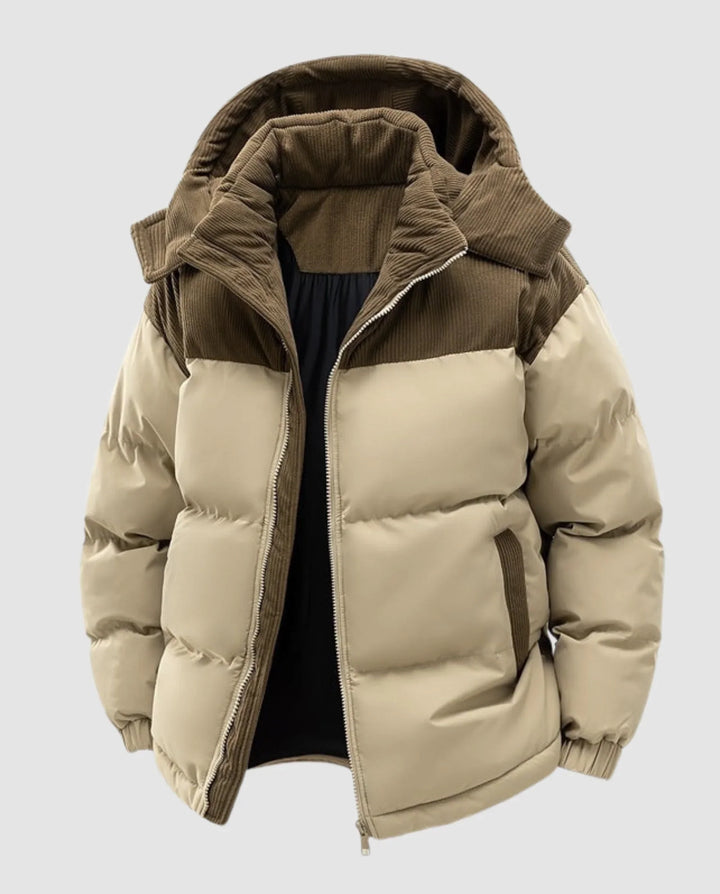 Winter Corduroy Panel Puffer Jacket Women Hooded Quilted Coat