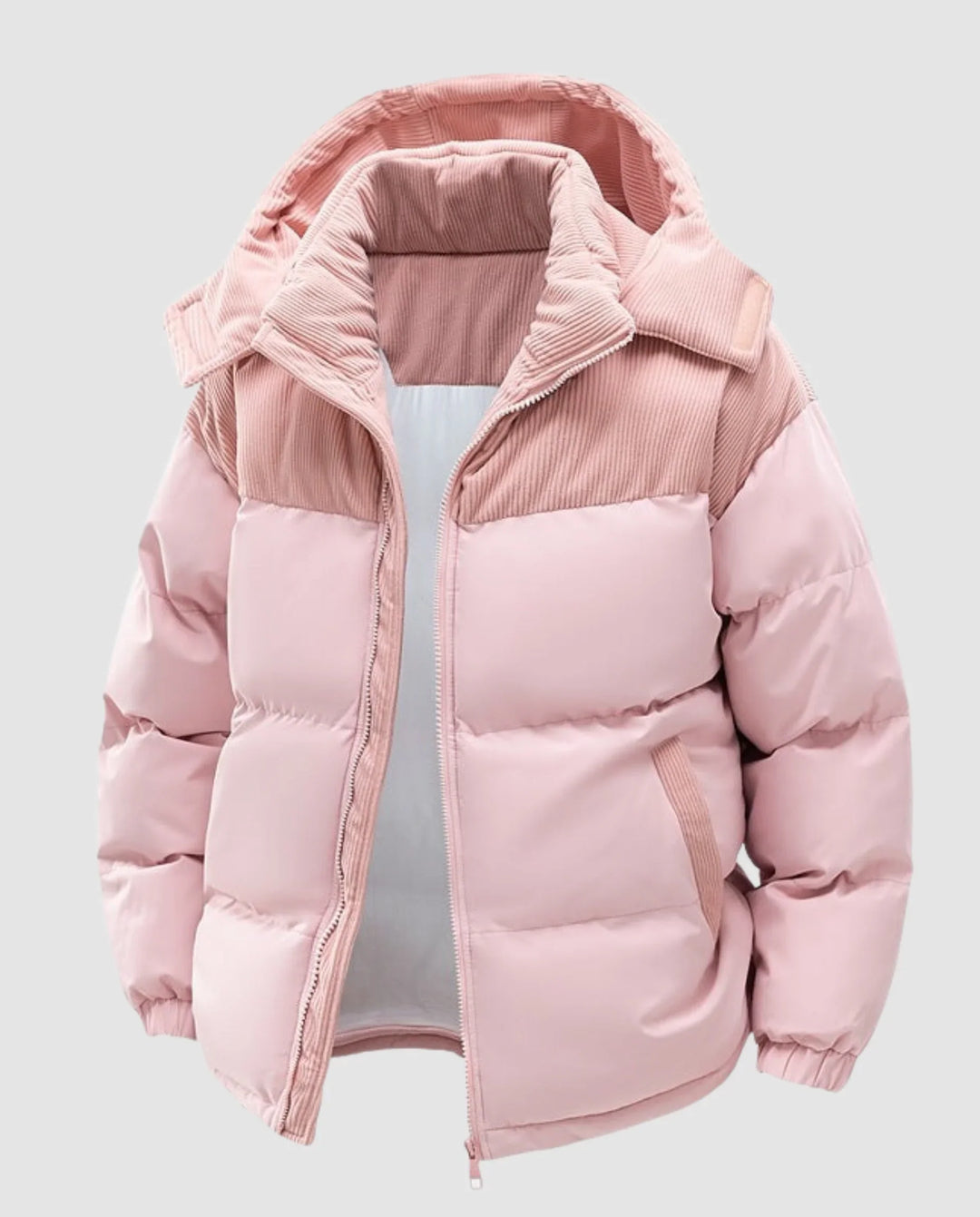 Winter Corduroy Panel Puffer Jacket Women Hooded Quilted Coat