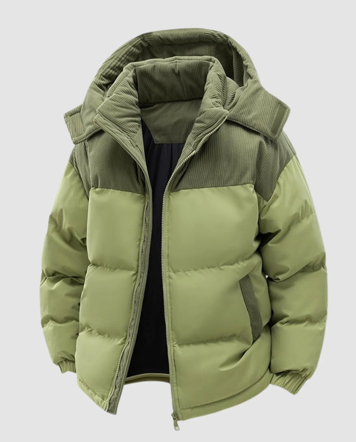 Winter Corduroy Panel Puffer Jacket Women Hooded Quilted Coat