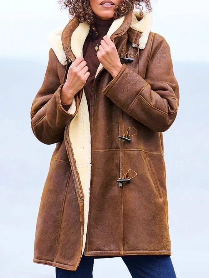 Winter Shearling Coat Women Hooded Faux Suede Toggle Plus Size