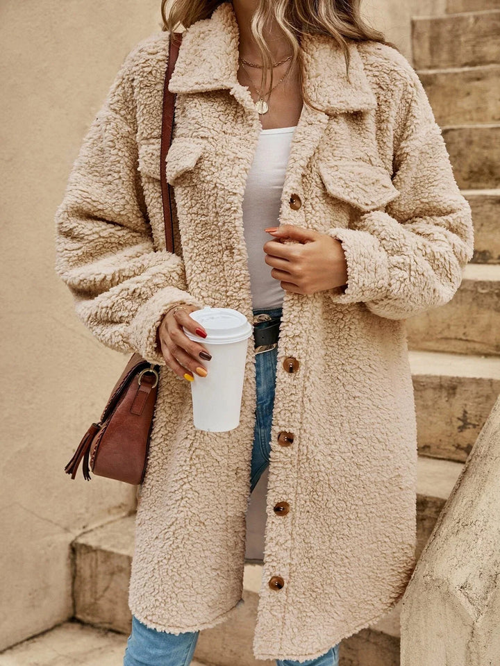 Winter Teddy Shirt Jacket Women Long Button Front Shacket Coat