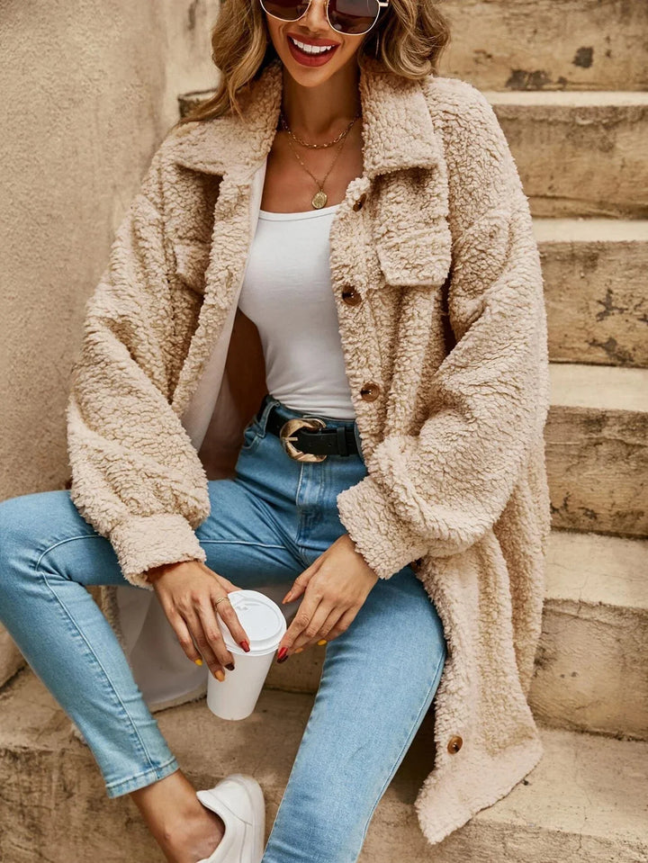 Winter Teddy Shirt Jacket Women Long Button Front Shacket Coat