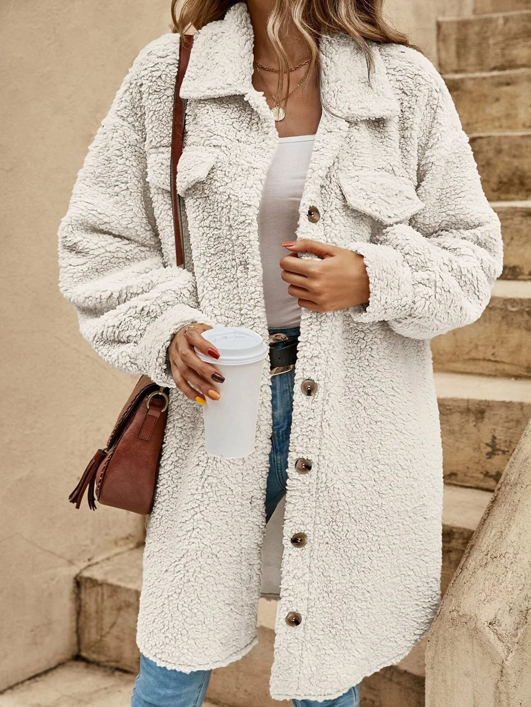 Winter Teddy Shirt Jacket Women Long Button Front Shacket Coat