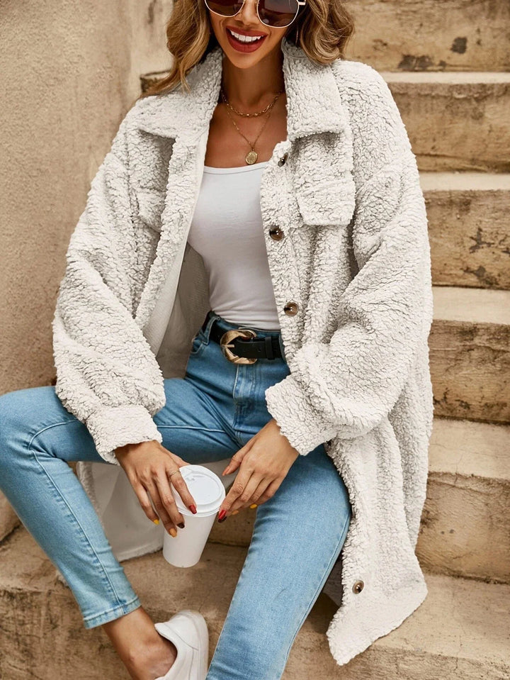 Winter Teddy Shirt Jacket Women Long Button Front Shacket Coat