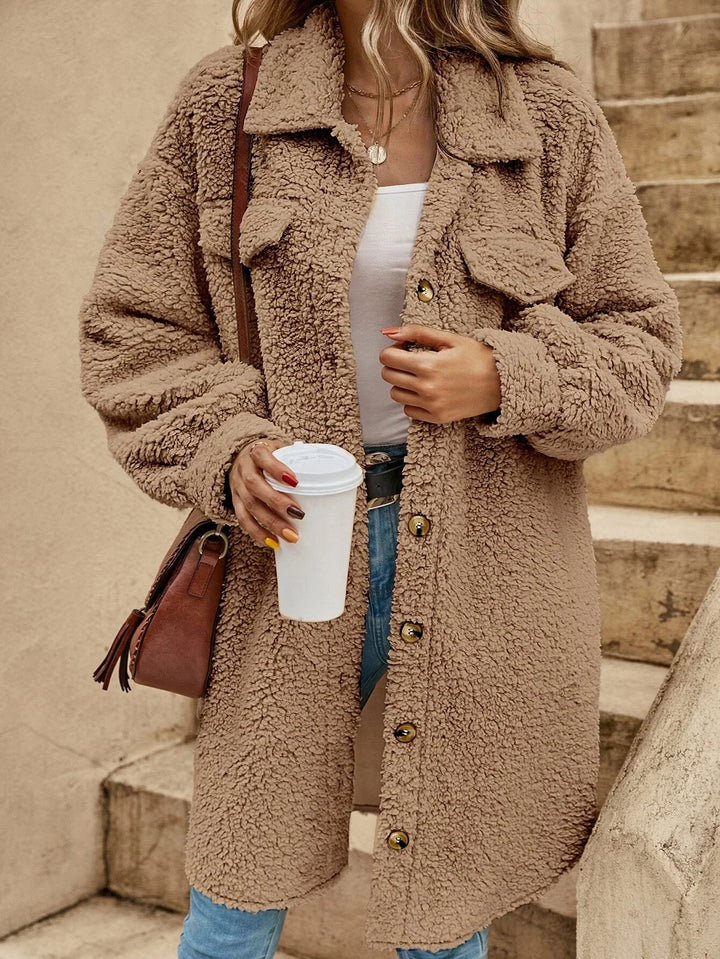 Winter Teddy Shirt Jacket Women Long Button Front Shacket Coat