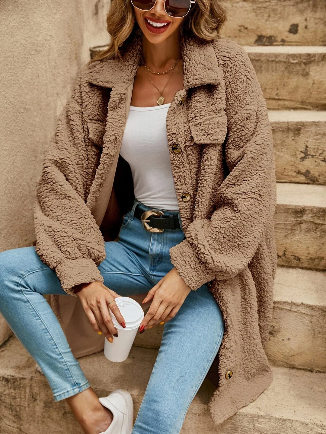 Winter Teddy Shirt Jacket Women Long Button Front Shacket Coat