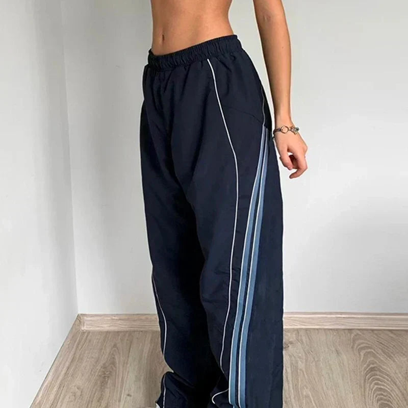 Autumn Track Pants Women Side Stripe Wide Leg Elastic Waist