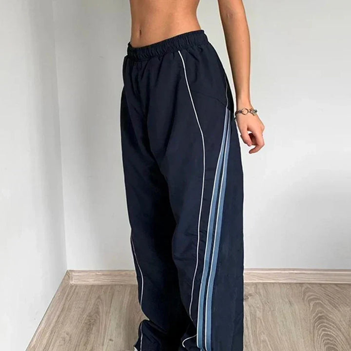 Autumn Track Pants Women Side Stripe Wide Leg Elastic Waist